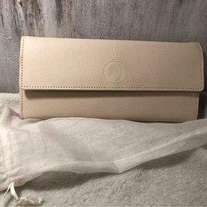 Pandora Pink leather jewelry clutch travel case with black velvet inside.